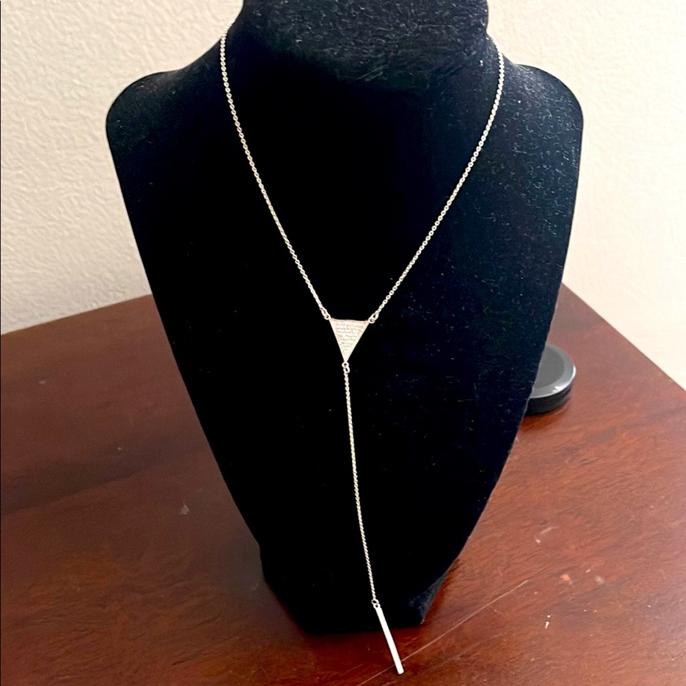 INC drop lariat silver tone necklace w diamonds